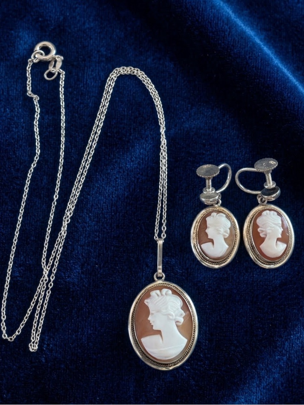 Antique Italian 800 Cameo Necklace & Screw-Back Cameo Earrings Set